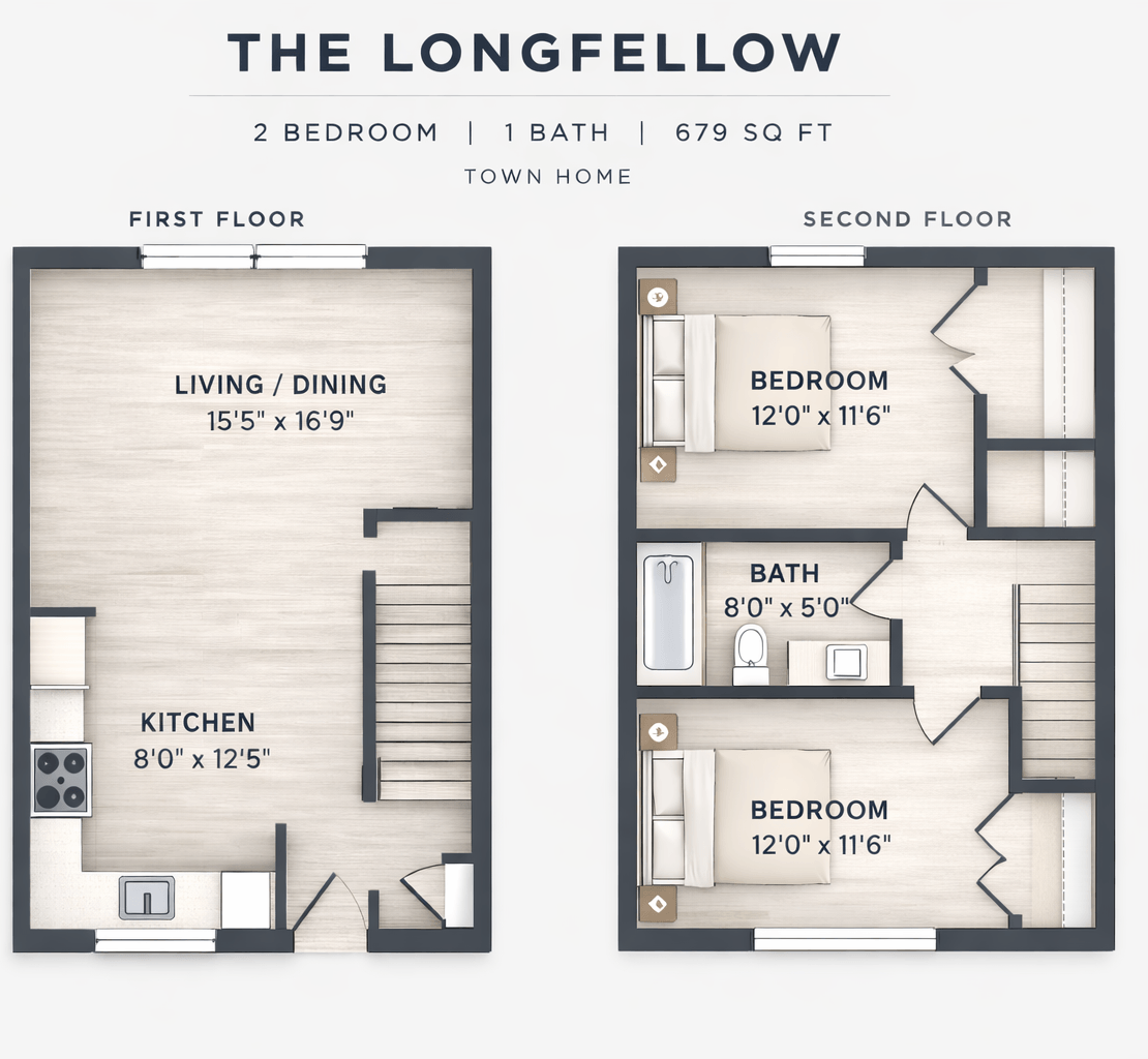 2 Bed 1.5 Bath TH - The Longfellow floor plan